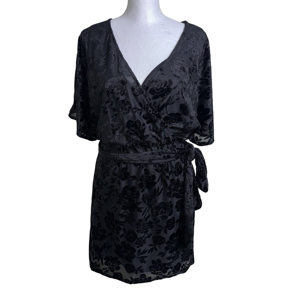 H&M Conscious Collection Black Velvet Burnout Floral Wrap Dress US 4